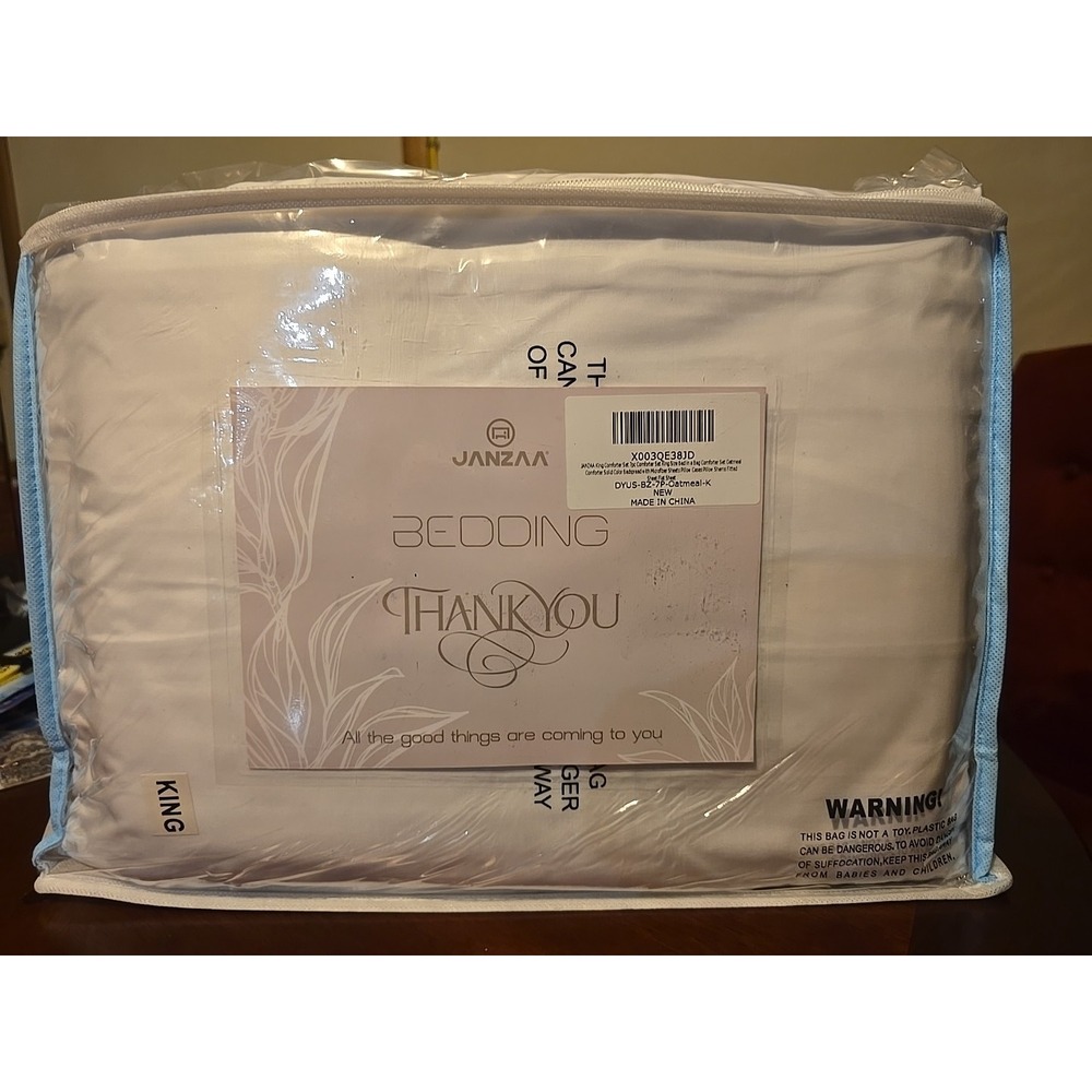 Janzaa Bedding King  7 Piece Bedding Set Comforter‎ Oatmeal & White Bedspreads